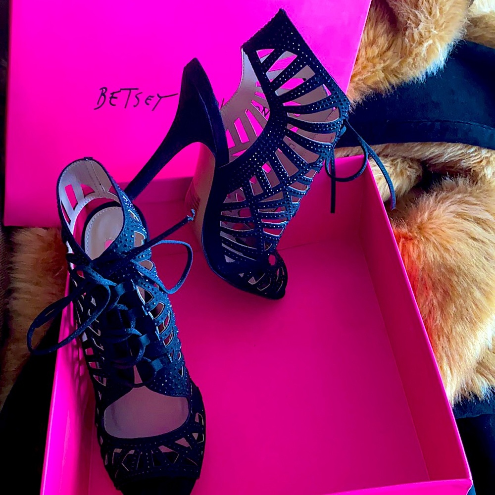 Lexxe Black Rhinestone Heels by Betsey Johnson. Sparkles nicely as you walk.